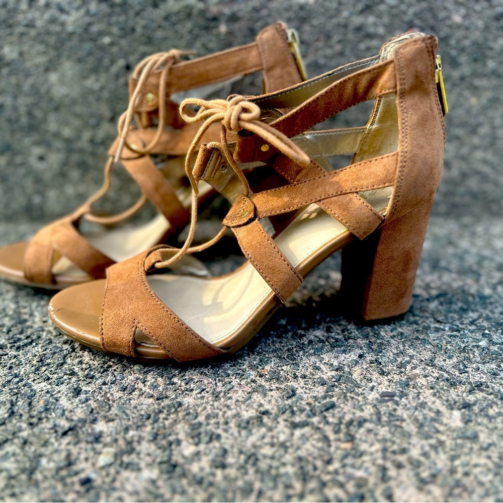 Beige block heels